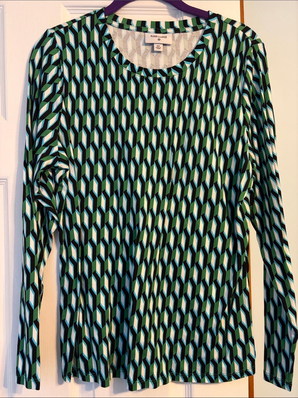 Diane Von Furstenberg Geometric Long Sleeve Top in Teal, Black & White